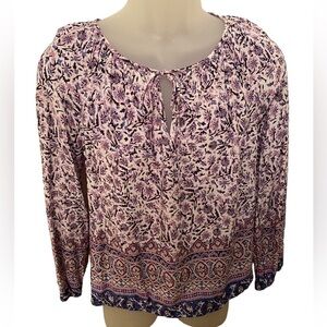 𝅺LUCKY BRAND Purple & Blue Floral Top Blouse w/ Tie Women S Small
